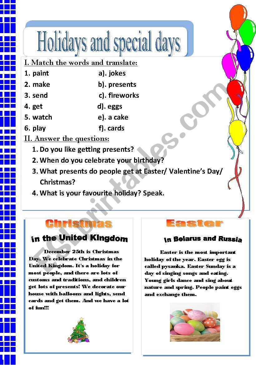 Holidays and special days 2 worksheet