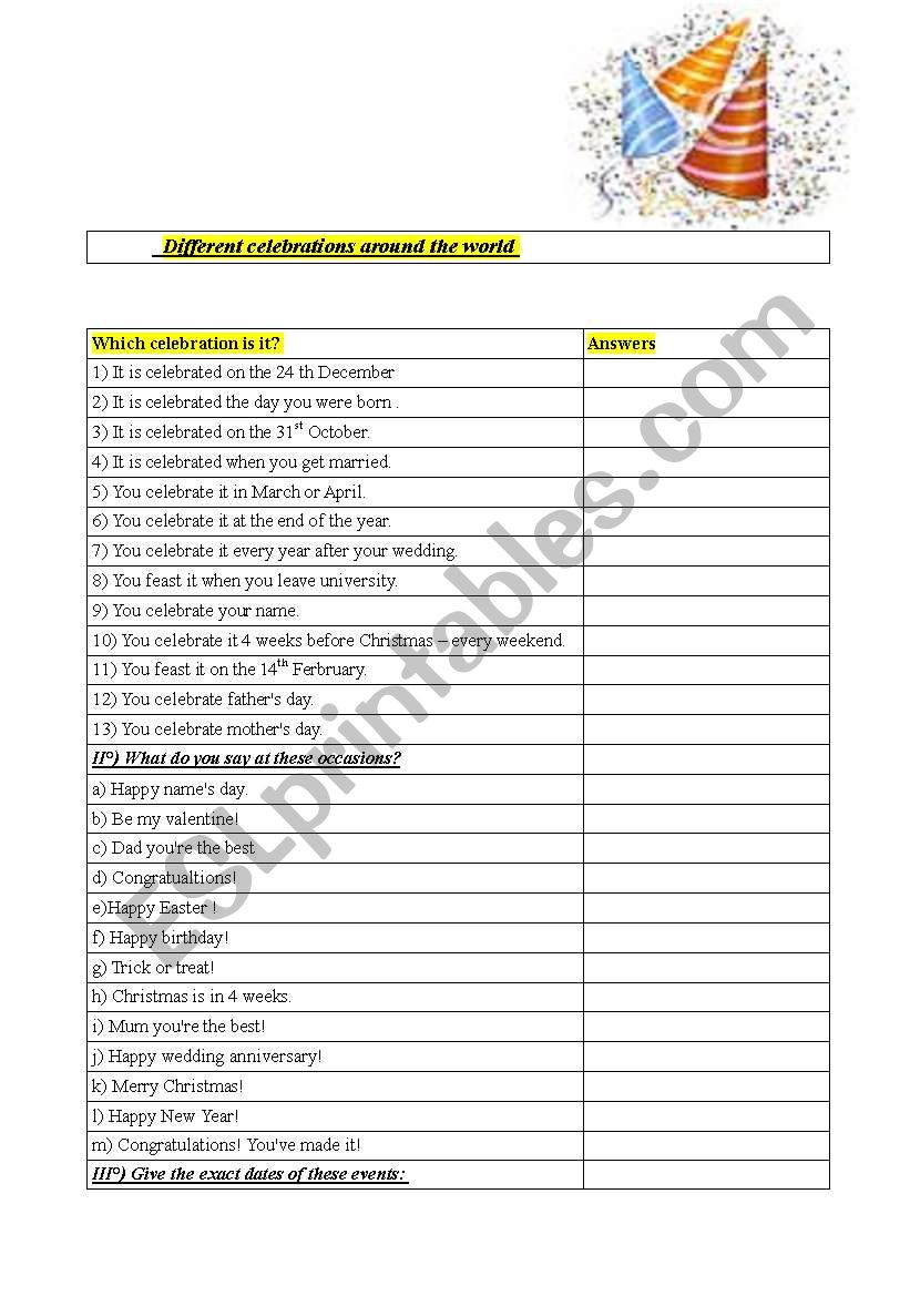 Celebrations aroud the world worksheet