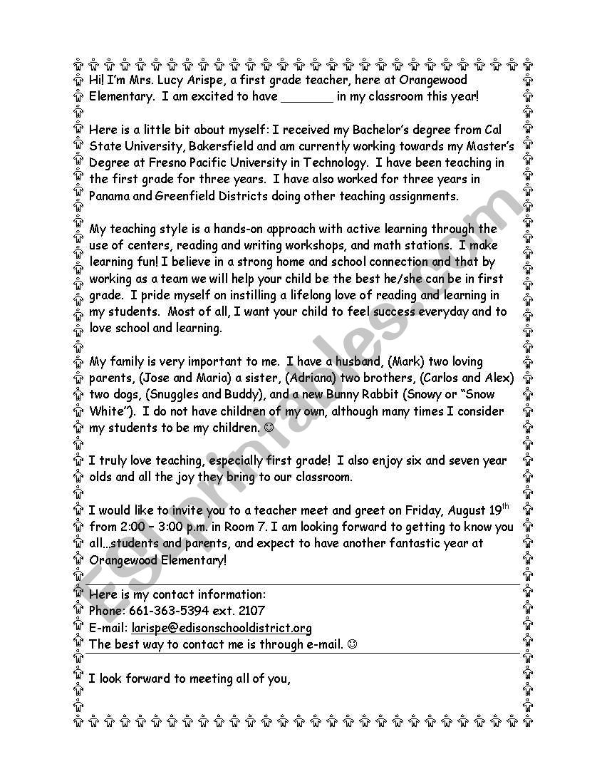Welcome Back Letter worksheet