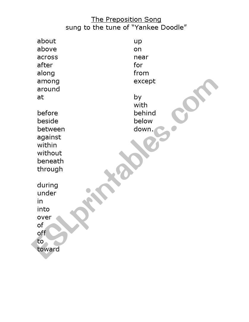 The Prepostion Song worksheet