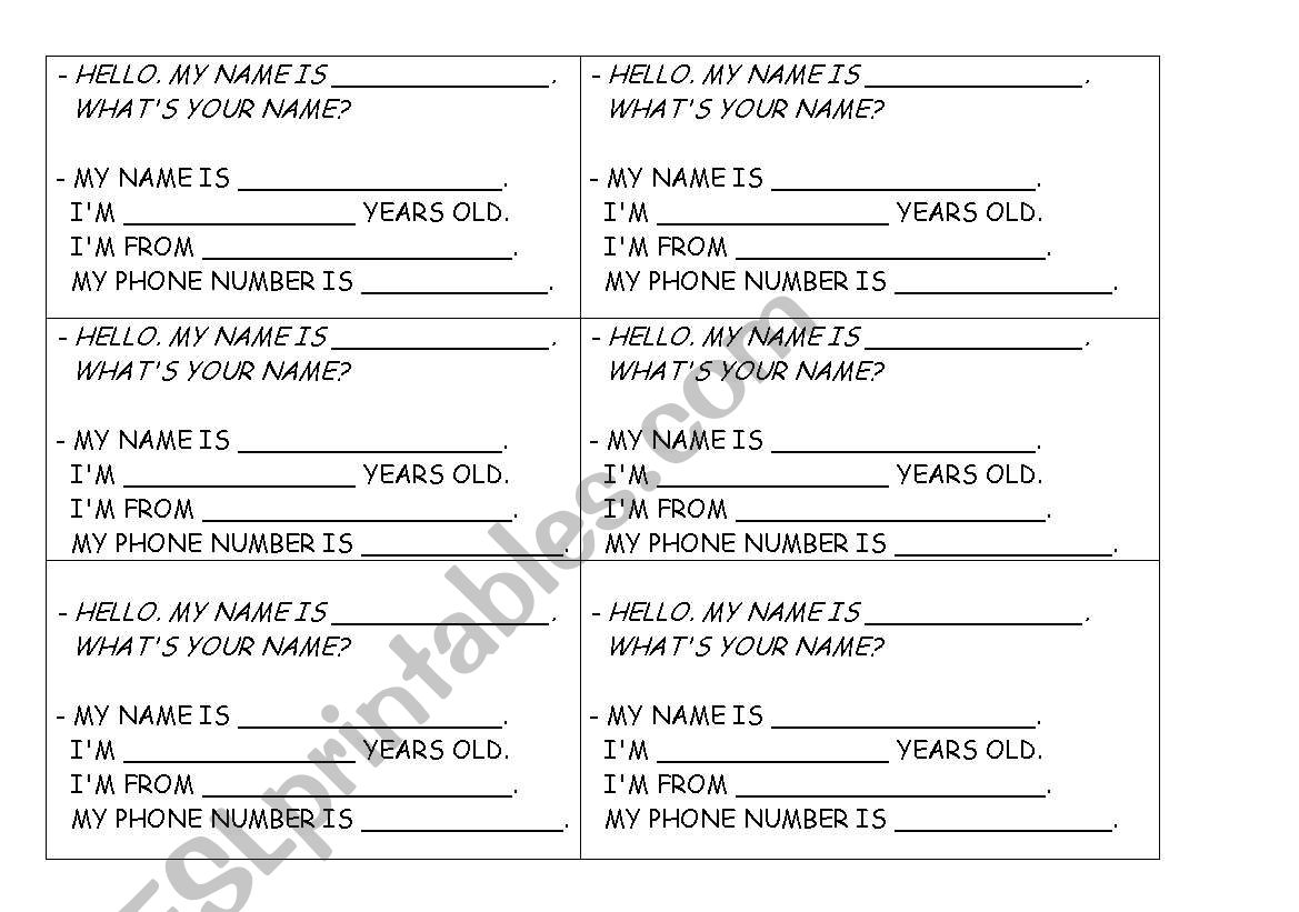 a name card worksheet