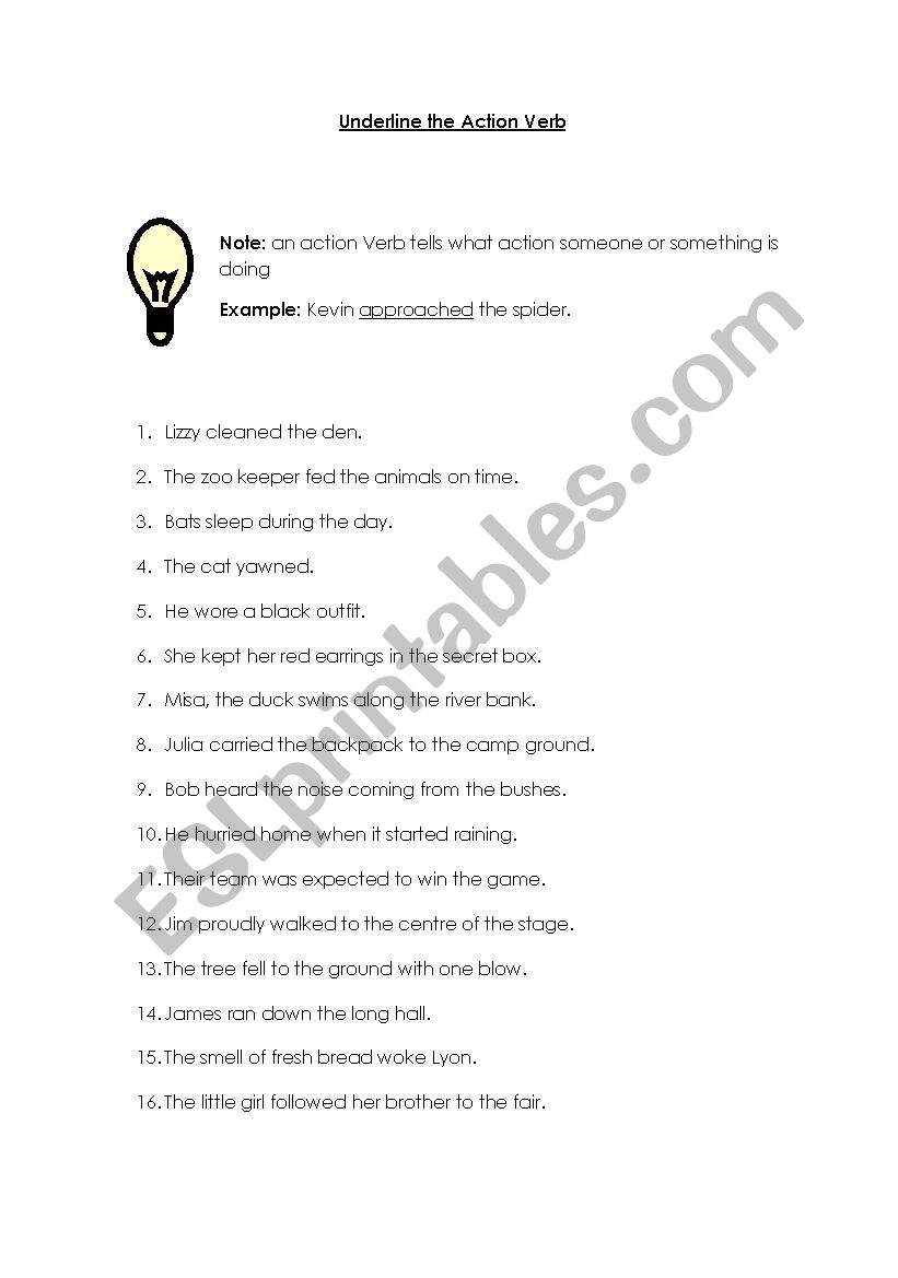 underline the Action Verb worksheet