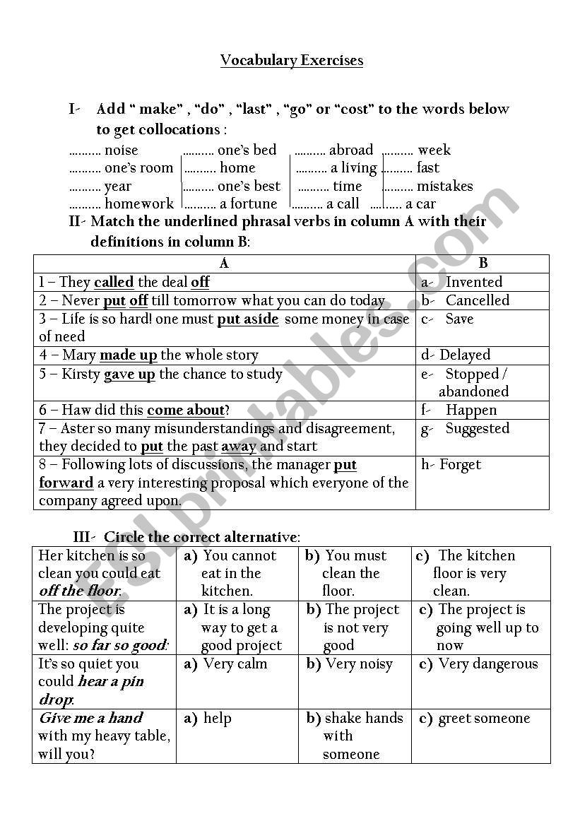 phrasal verbs vs collocations worksheet