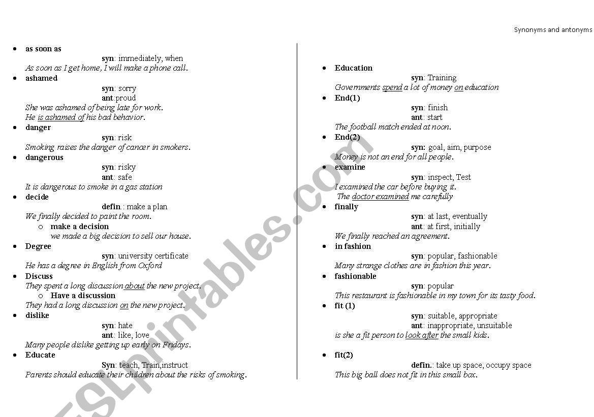 common synonyms for speaking worksheet