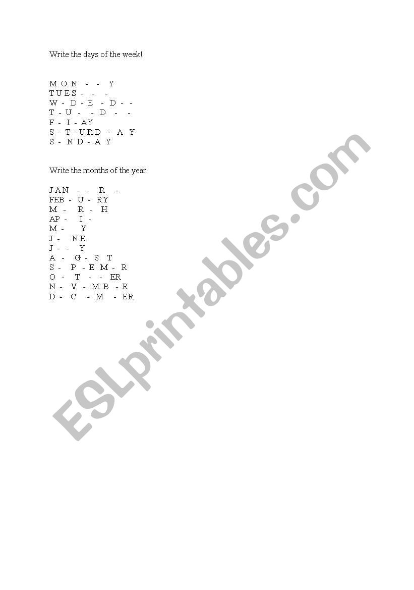 Days and Months of the year worksheet