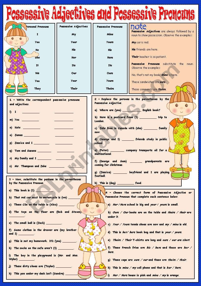 Possessive Adjectives And Possessive Pronouns Worksheet