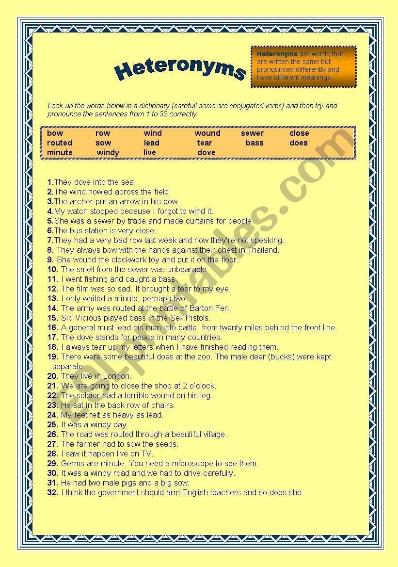 Heteronym Reading Exercise worksheet