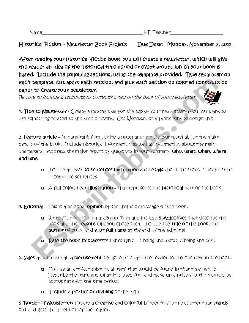 Historical Fiction Newsletter worksheet