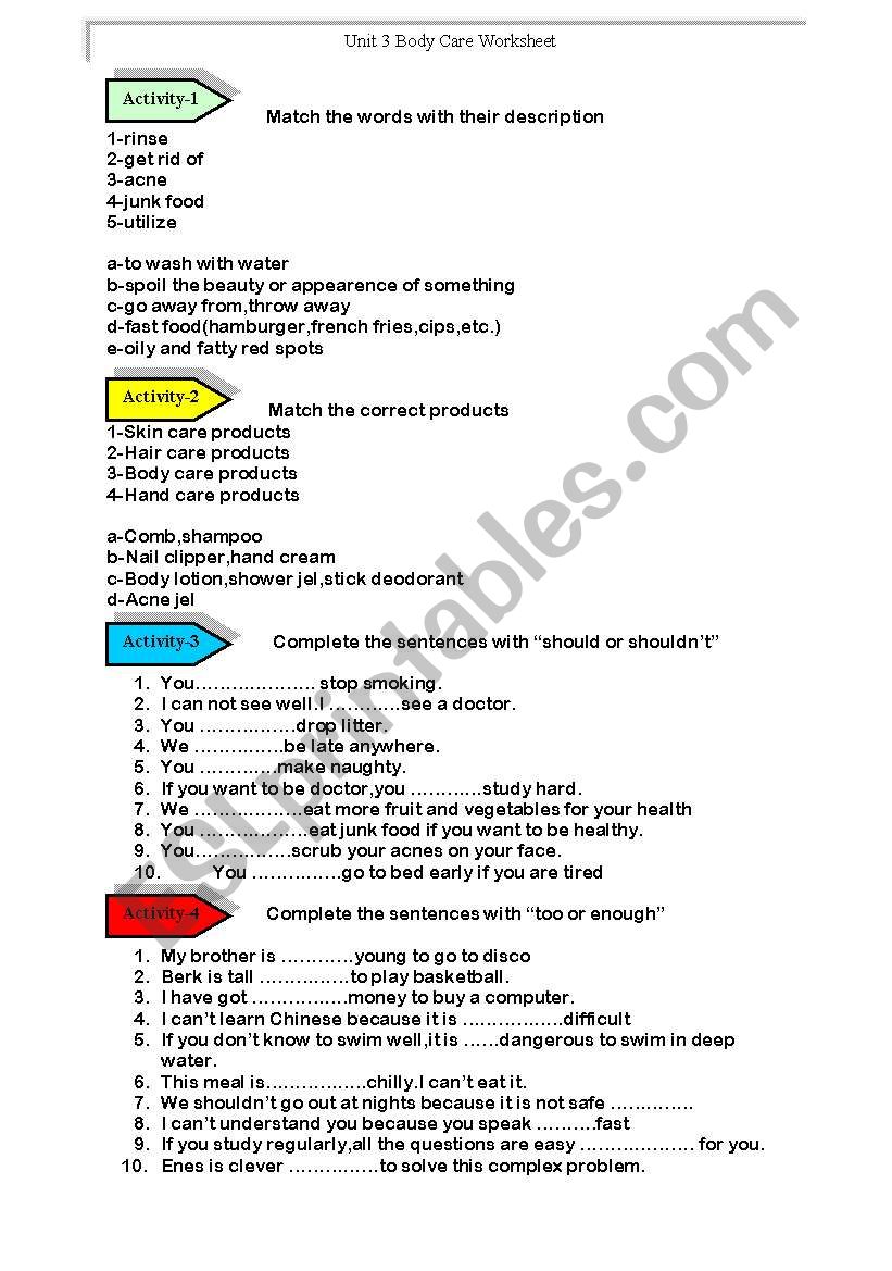 body care worksheet worksheet