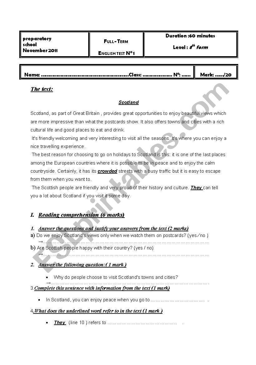 full term test 8th form worksheet