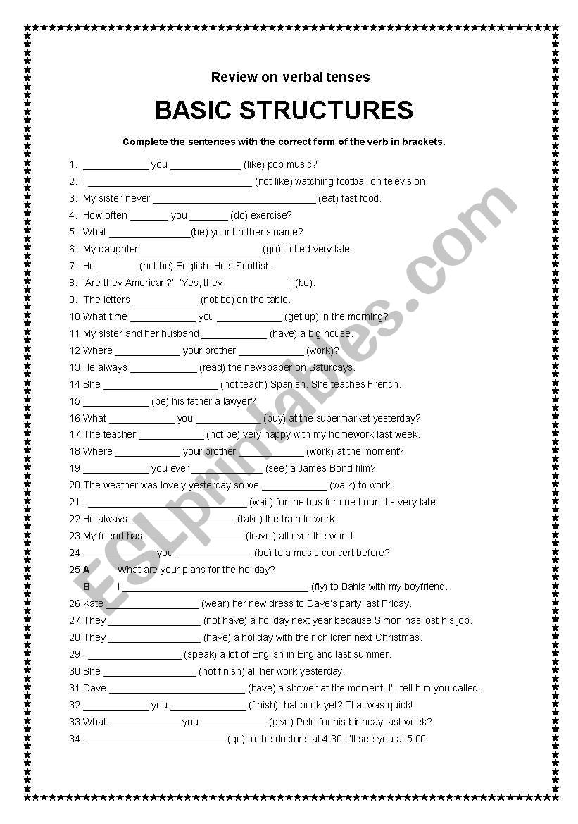 Verbal Tenses - review worksheet