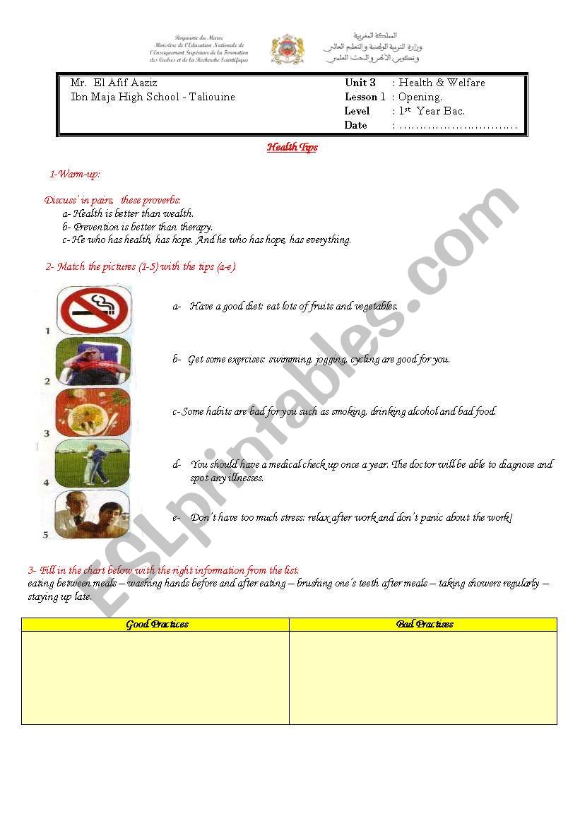 Health worksheet