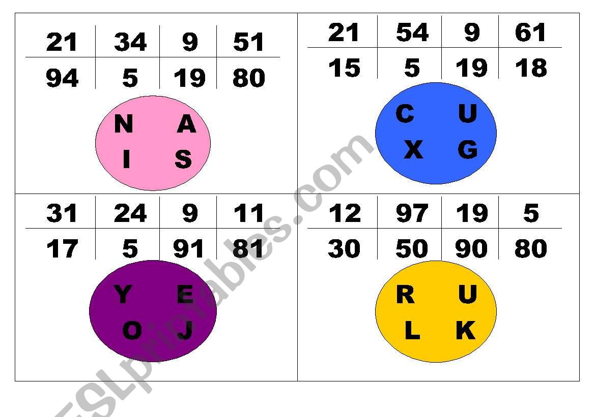 bingo letters and numbers 0-100