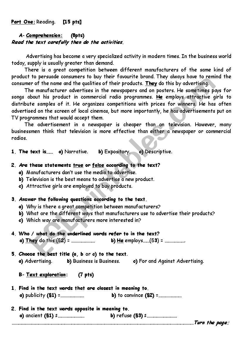 ADVERTISING EXAM worksheet