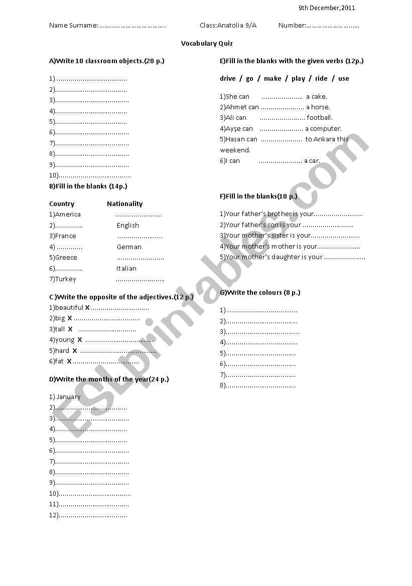 vocabulary quiz worksheet