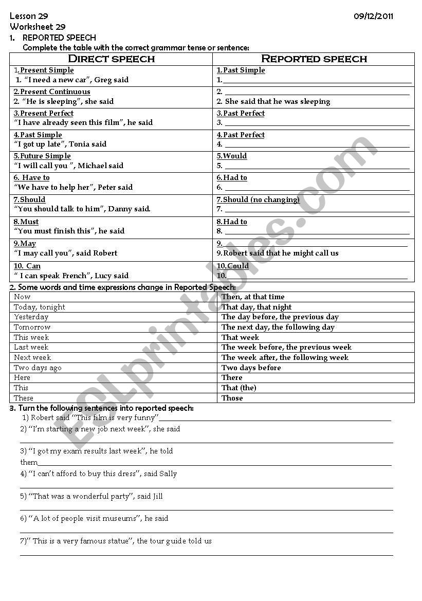 Reported Speech worksheet  worksheet