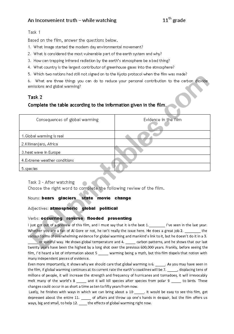 An inconvenient truth worksheet