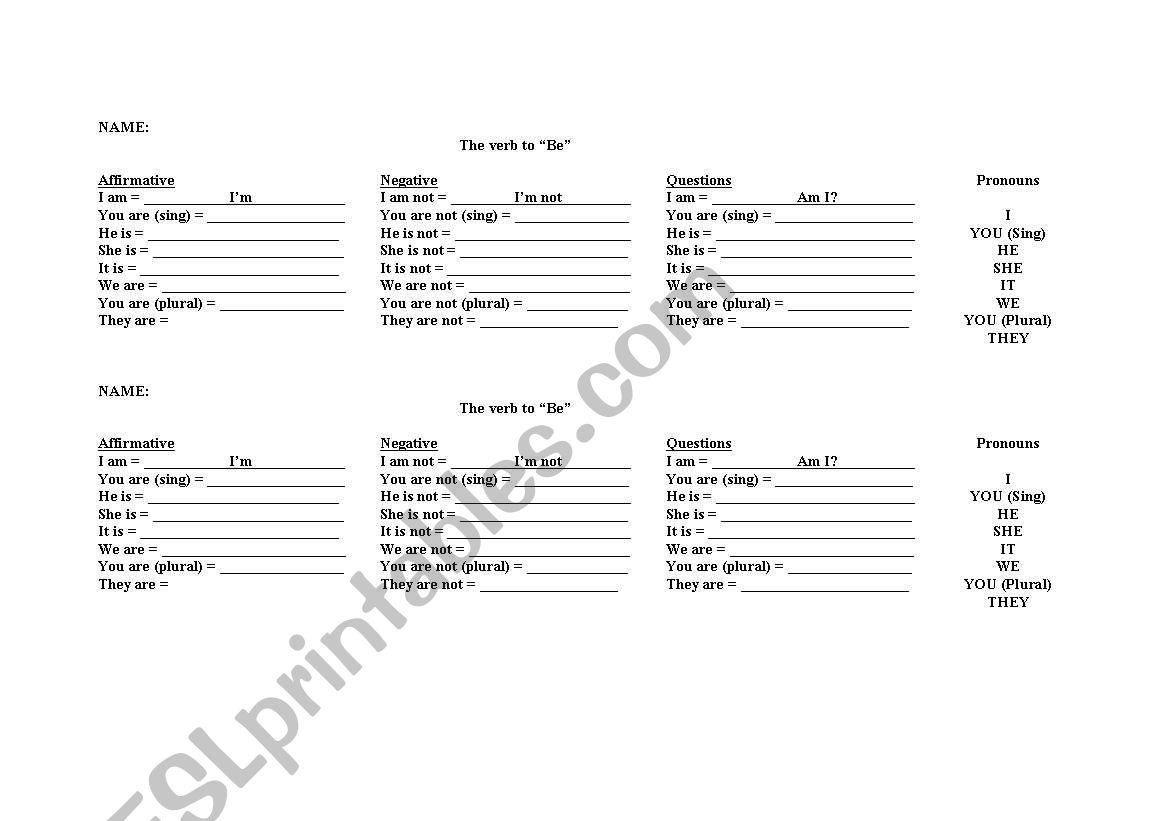 verb to be sheet worksheet