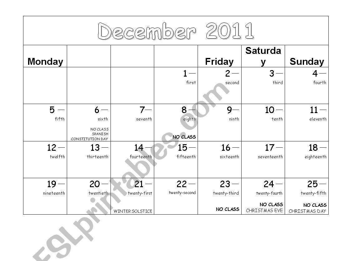 December calendar to complete worksheet