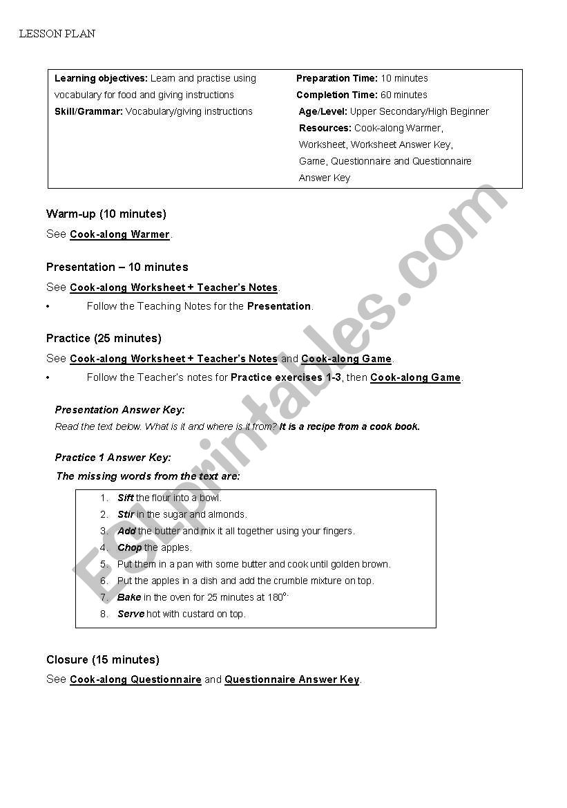 cooking lesson plan worksheet