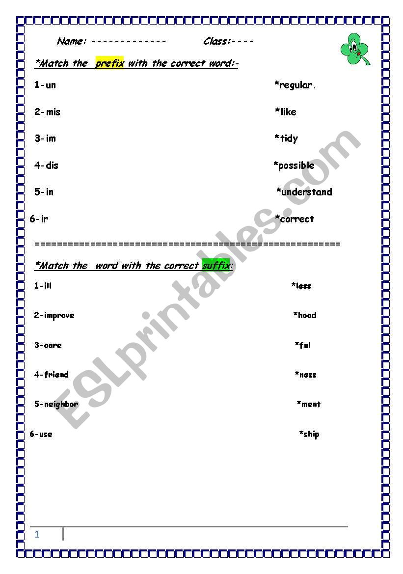 Suffix and Prefixes worksheet