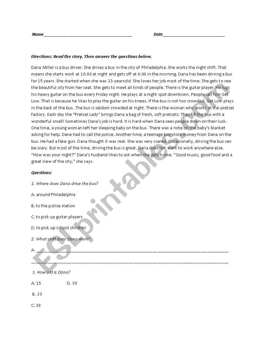 bus driver worksheet