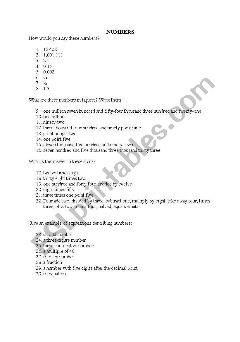 Numbers worksheet