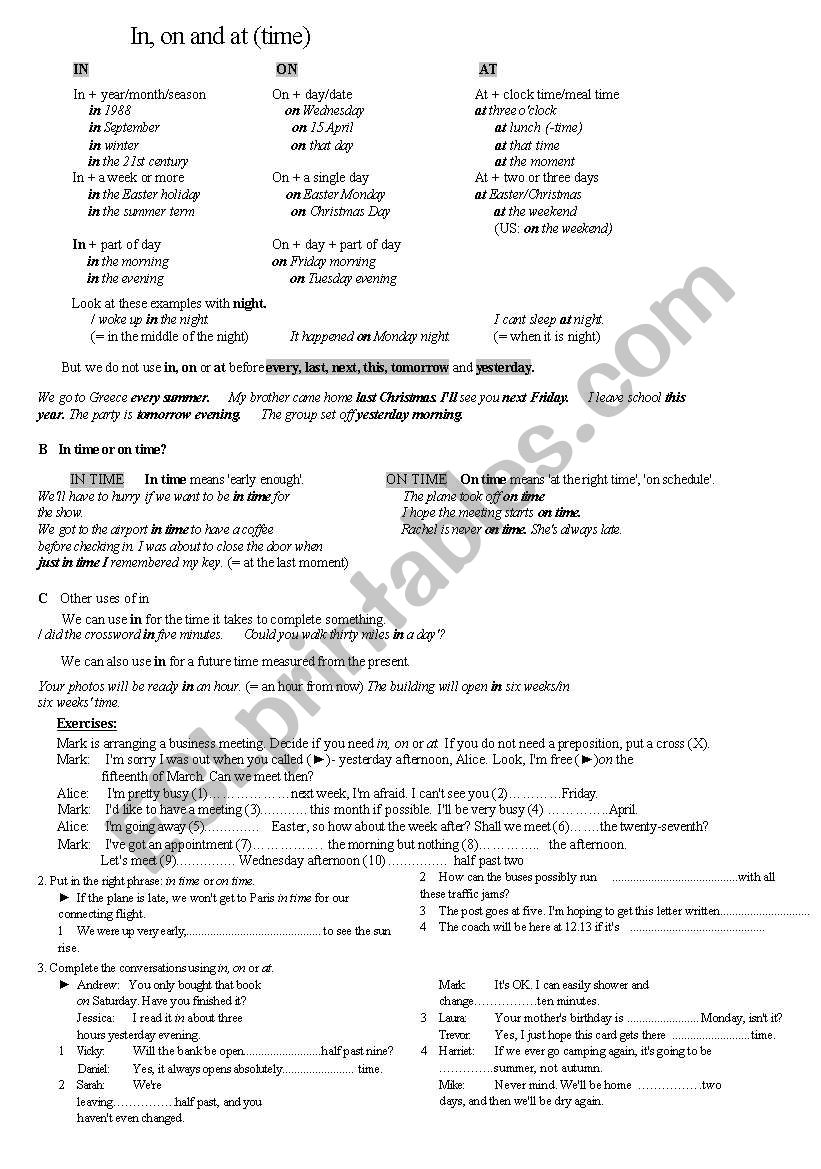 prepositions of time, in/ on/ at