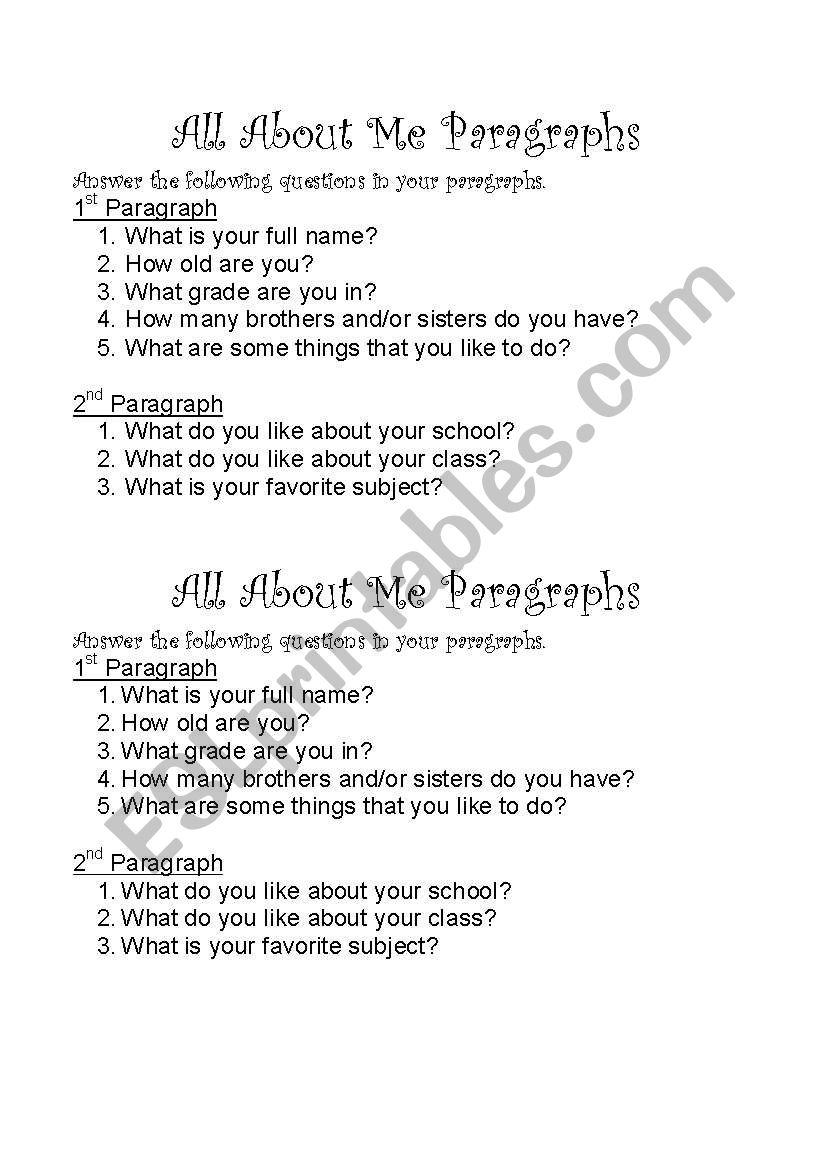 All about me paragraph worksheet