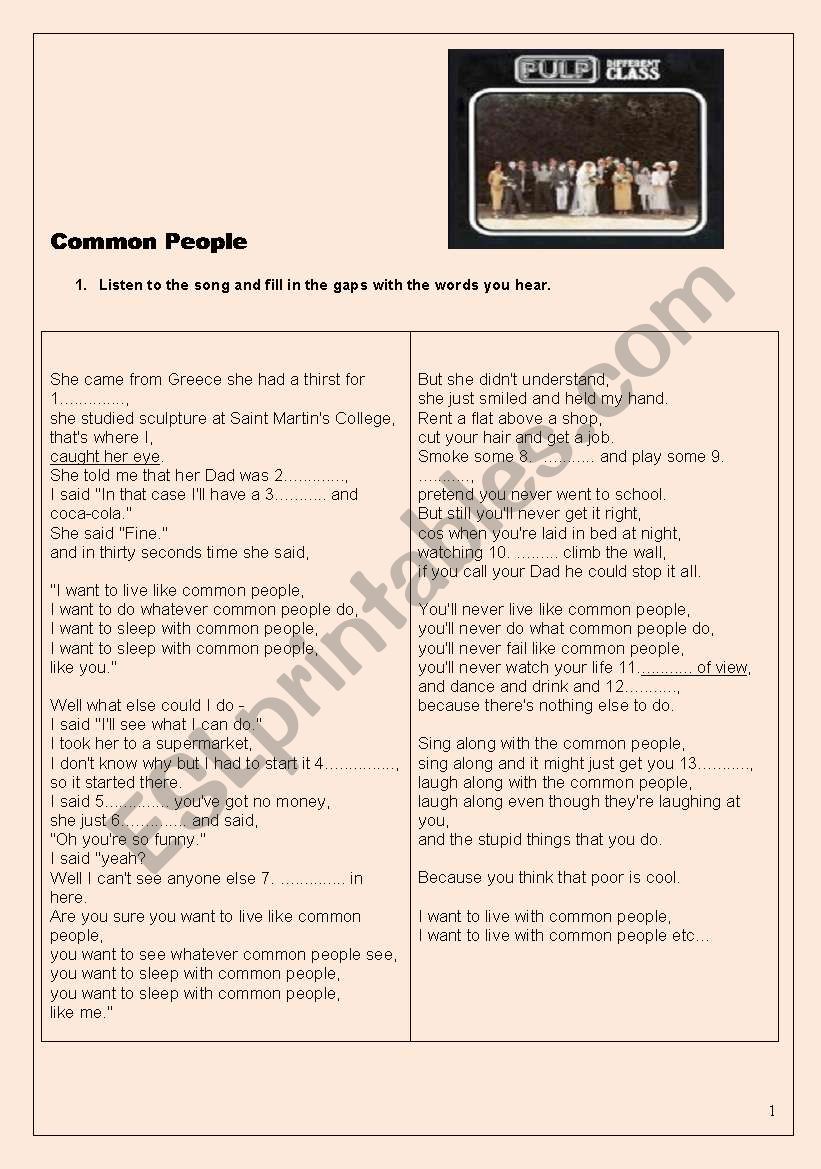 Song: COMMON PEOPLE worksheet