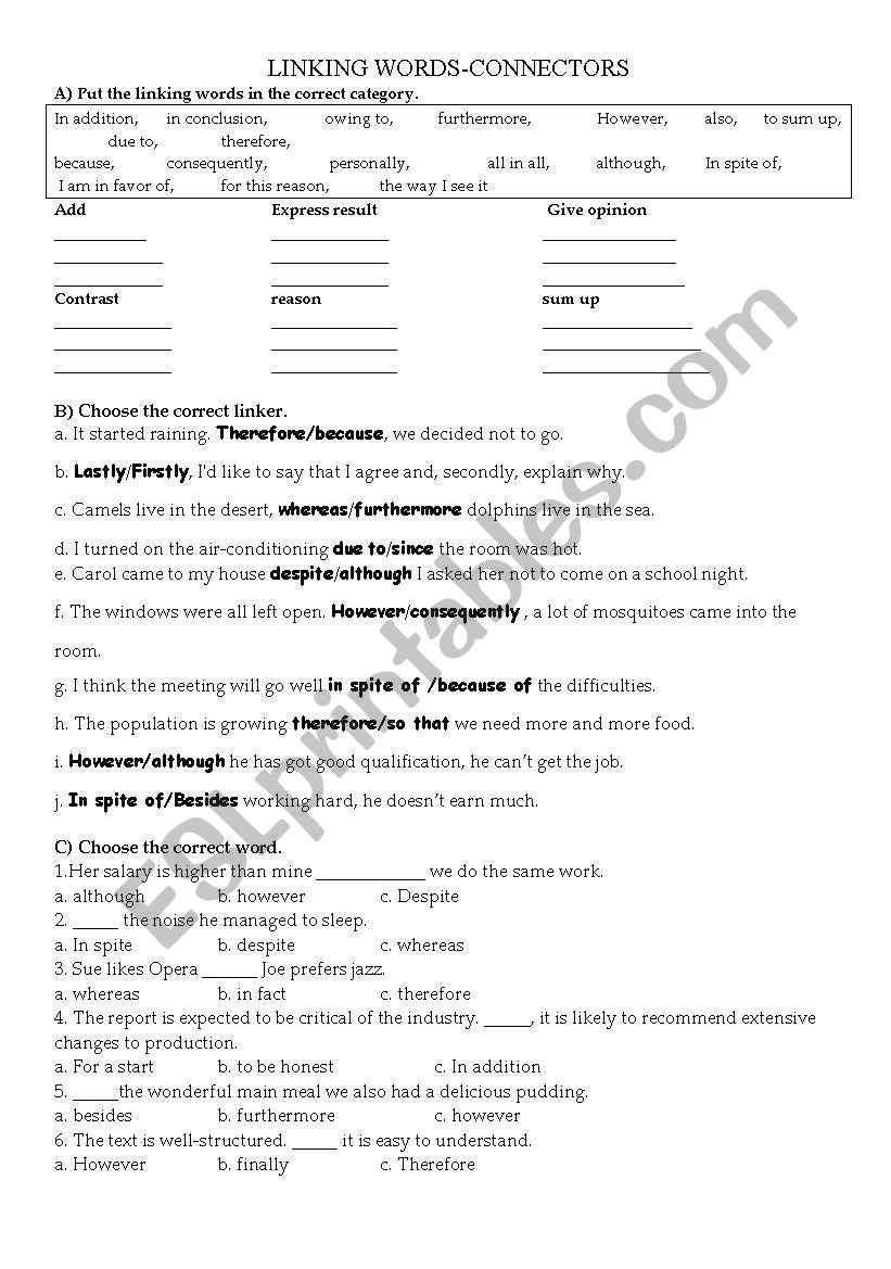 LINKING WORDS-CONJUNCTIONS worksheet