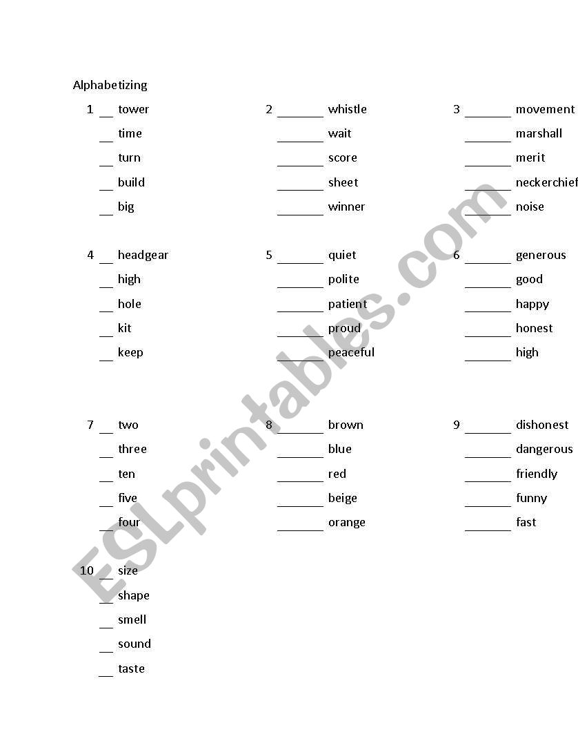 Alphabetizing worksheet
