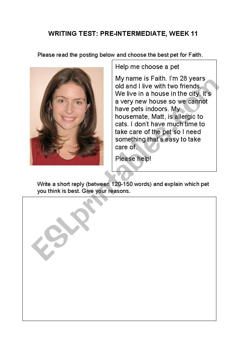 Writing Test (Pre-int) re. pets. 
