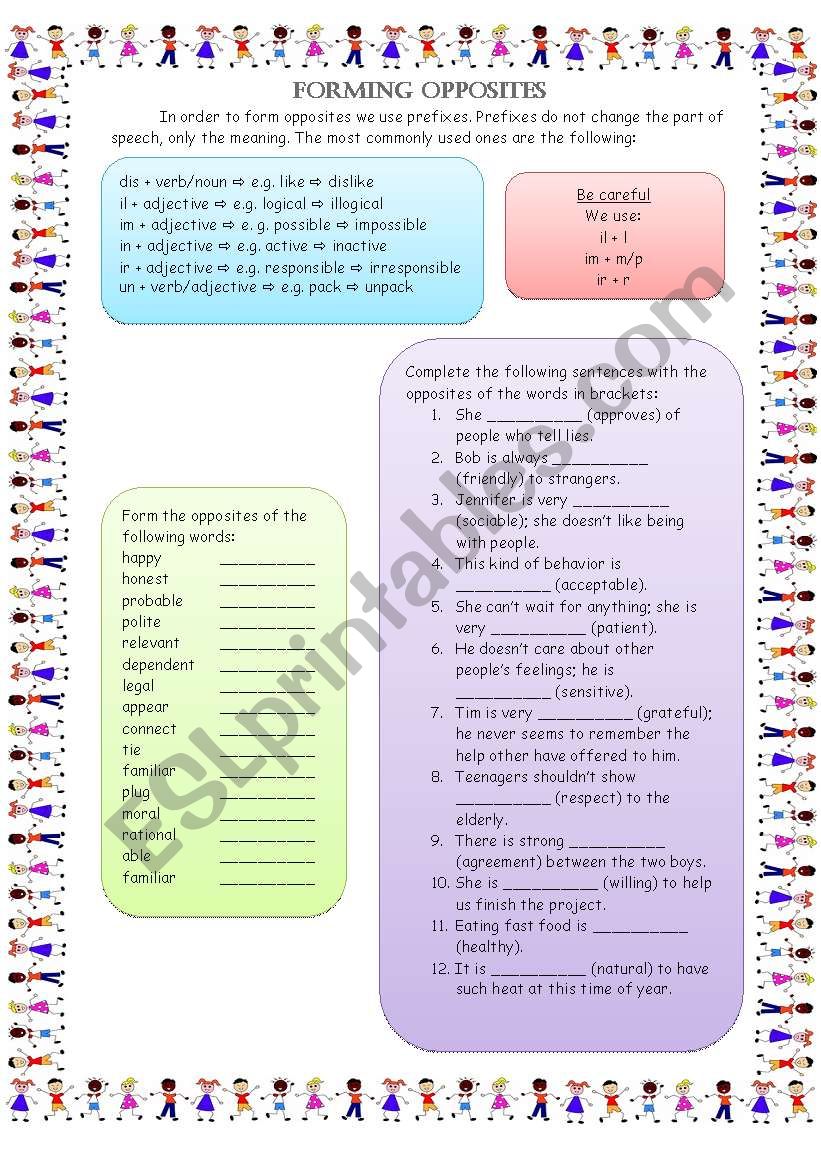 Forming opposites worksheet