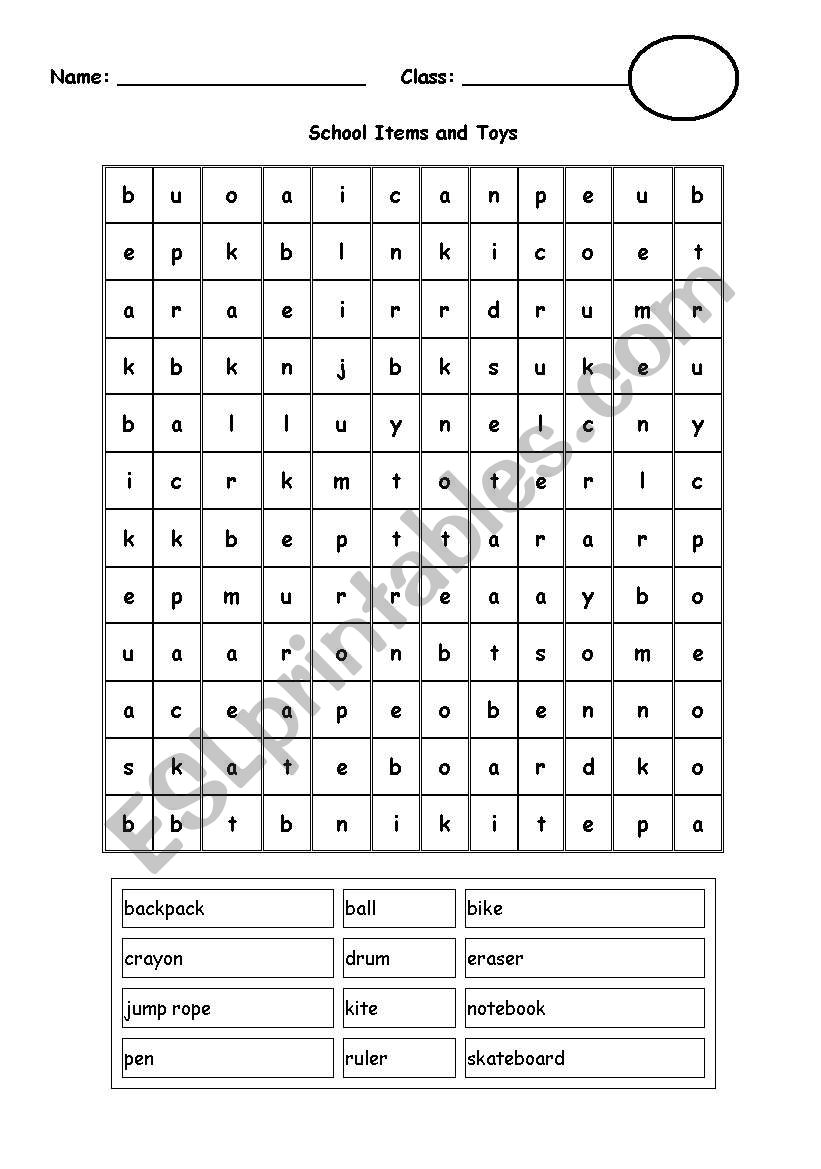 School Items and Toys Word Search