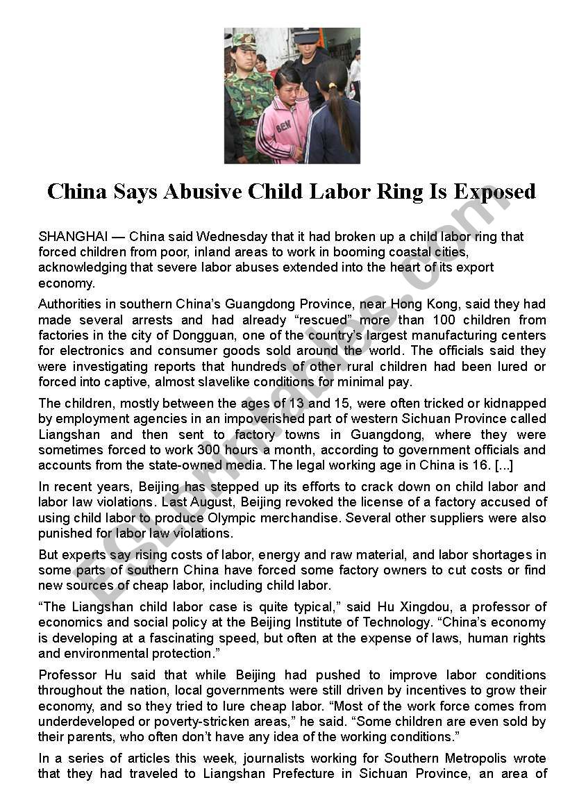 China : Child Labor Ring Exposed - Written comprehension