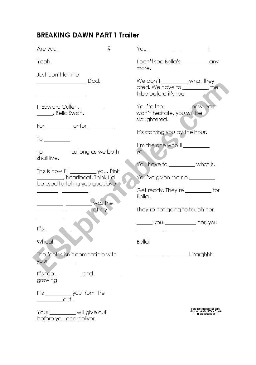 BREAKING DAWN TRAILER worksheet