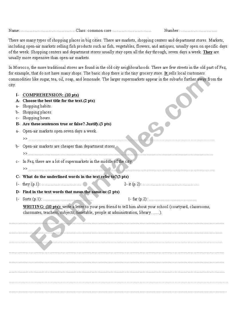 shopping places worksheet