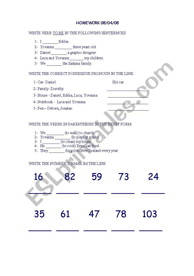 VERB TO BE, POSSESIVE PRONOUNS, NUMBERS