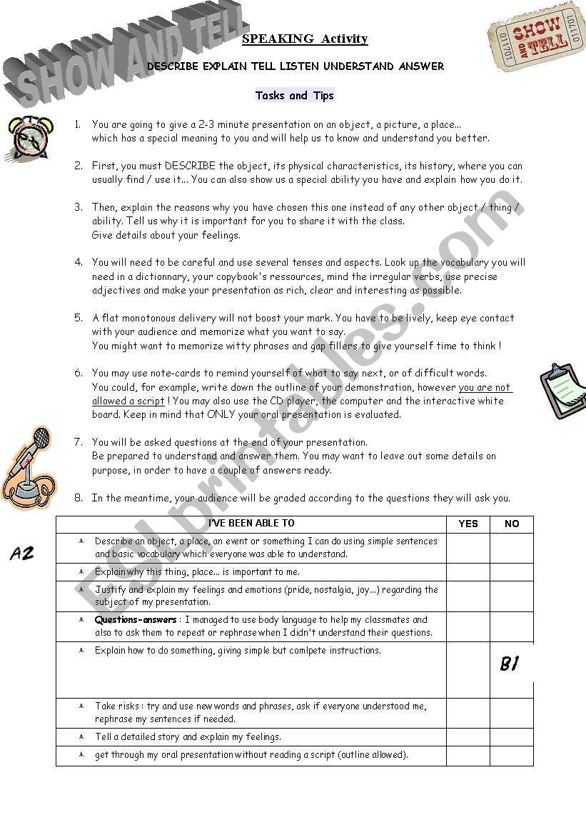 SHOW & TELL ACTIVITY worksheet