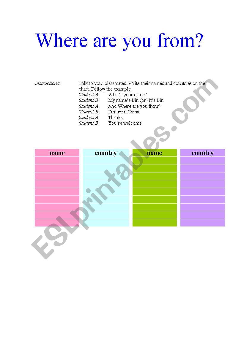 Where are you from? worksheet