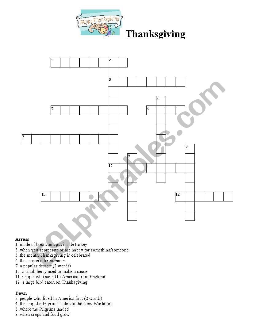 Thanksgiving Crossword Puzzle worksheet