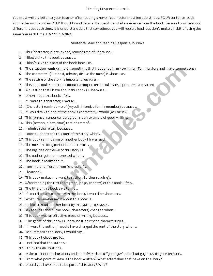 Reading Response Journal Ideas