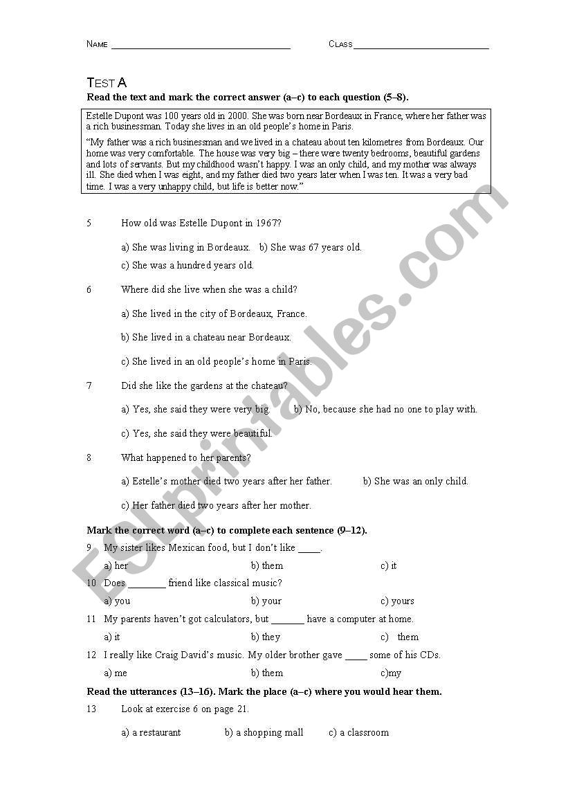 Placement tests  worksheet