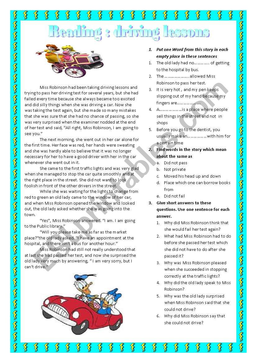 reading: driving lessons worksheet