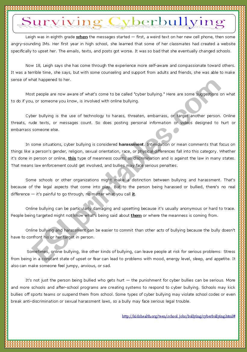 CYBER BULLYING worksheet