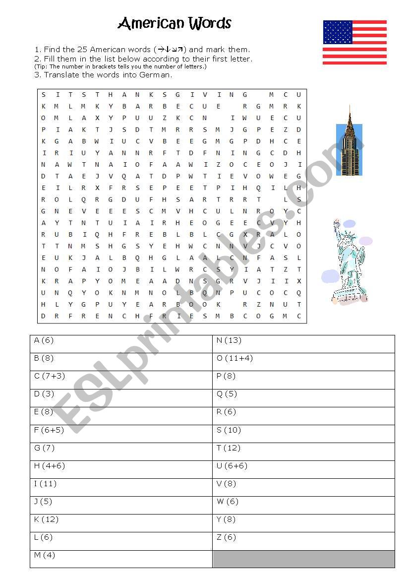 American wordsearch worksheet