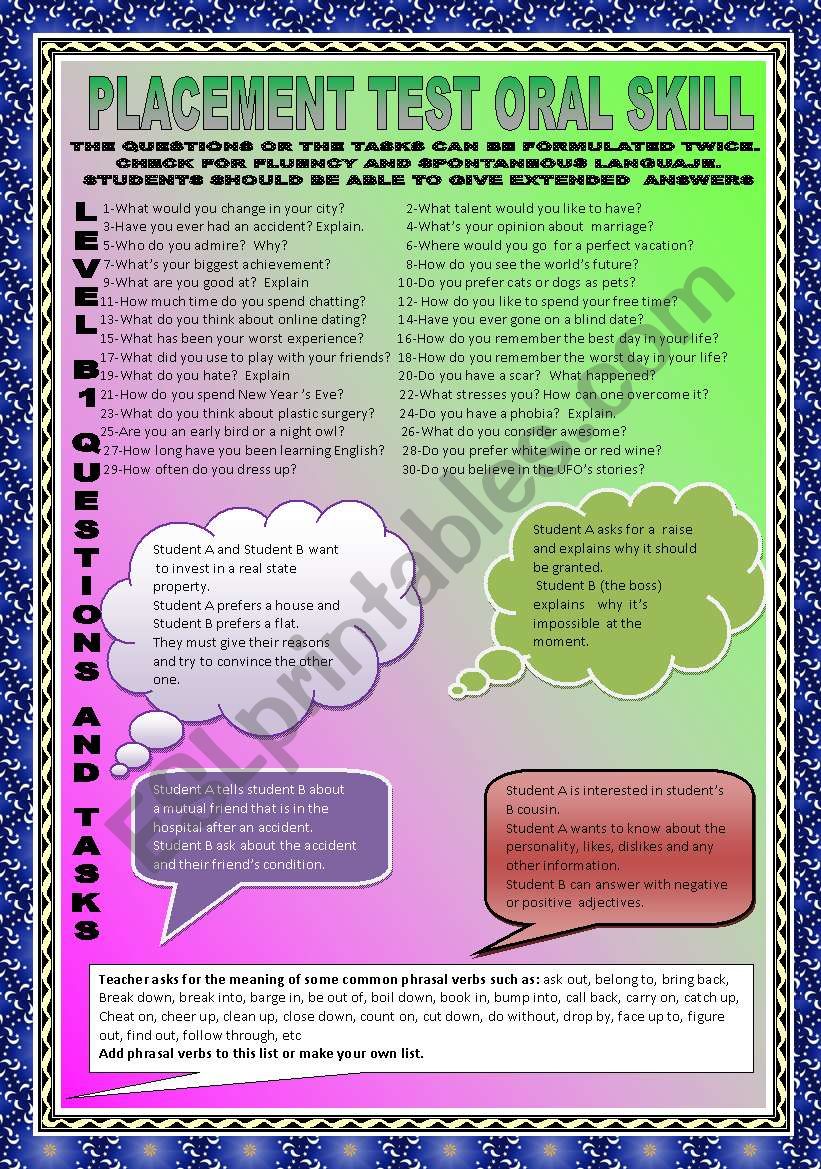 Placement Oral Skill Guide B1 worksheet