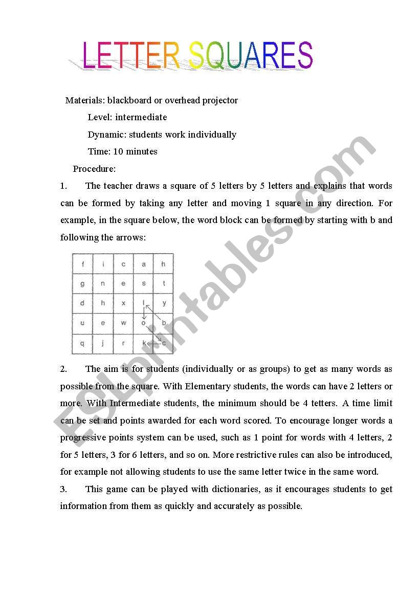 Letter squares  worksheet