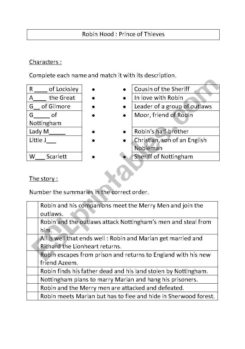 Robin Hood Prince of Thieves worksheet